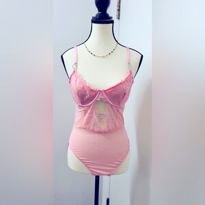 Women's Sexy lingerie Bodysuit Floral Lace Teddy Babydoll Snap One Pc Pink M